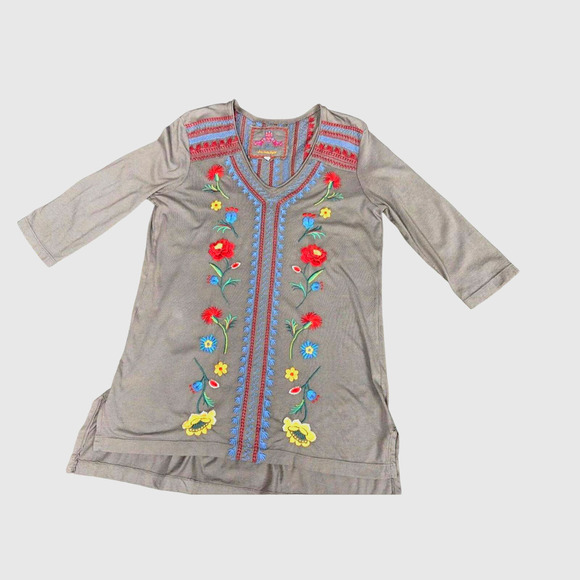 JW Los Angeles Johnny Was Embroidered Tunic Top‎ Gray V-neck ~ S - Picture 4 of 6